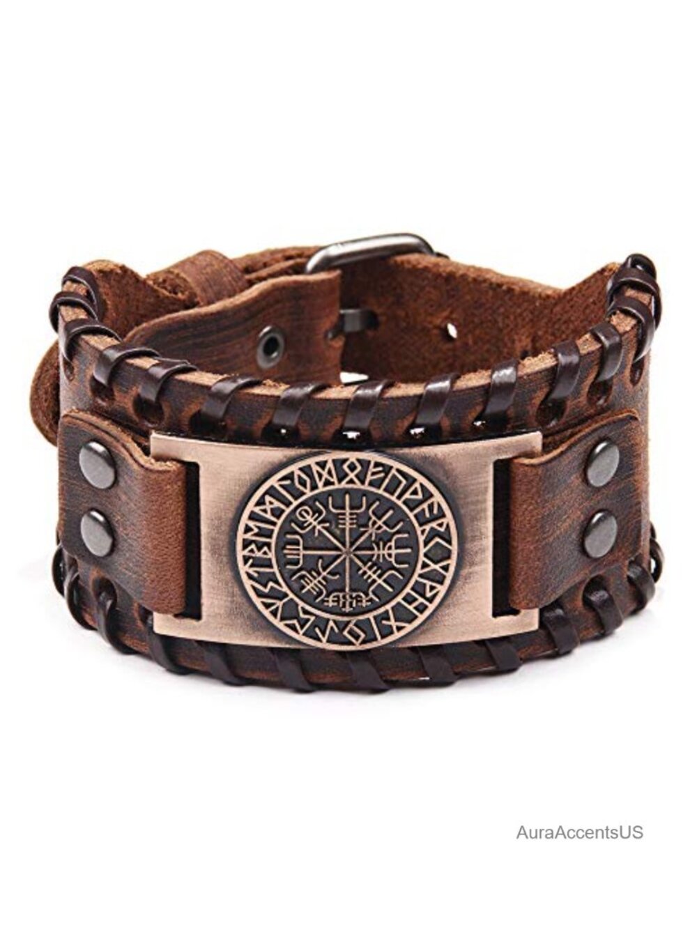 Genuine Leather Viking Cuff Bracelet Nordic Amulet Adjustable
